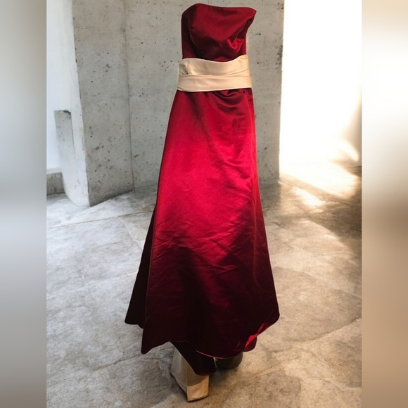 Elegant Strapless Burgundy Dress. Long Cream Sash. Crinoline Underneath. Size 4. - Picture 4 of 9